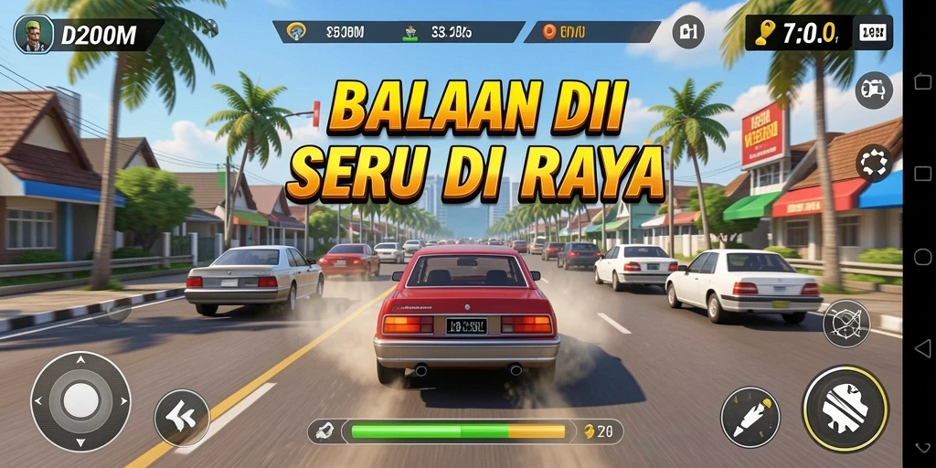 Tampilan gameplay D200M dengan mobil balap di trek.