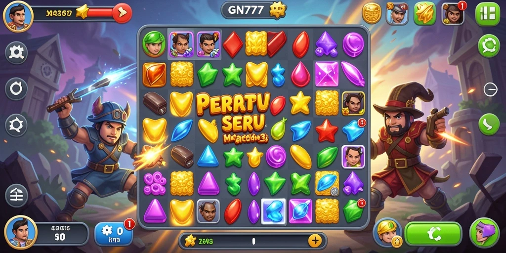 Screenshot gameplay GN777 menampilkan warna-warni menyerupai permata di papan permainan.