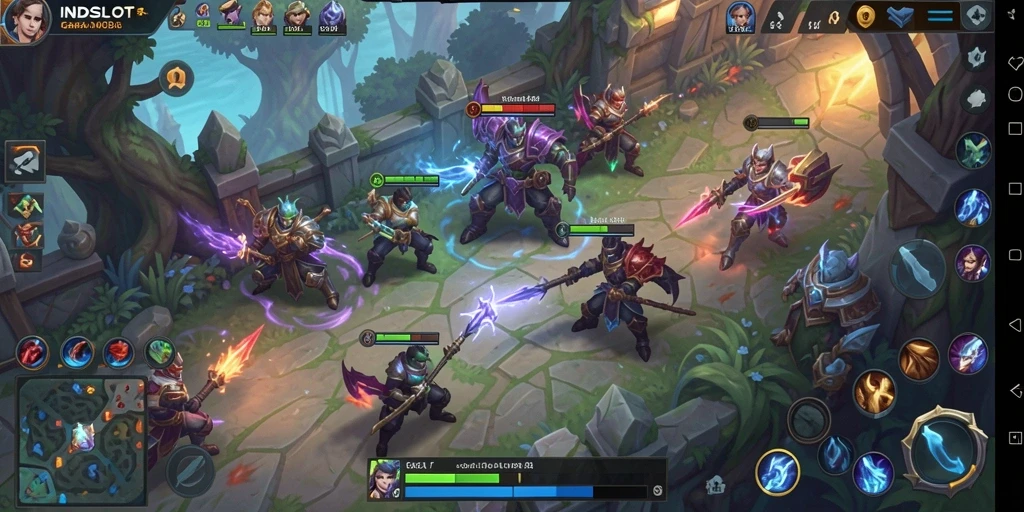 Screenshot gameplay seru INDSLOT dalam aksi pertempuran MOBA.