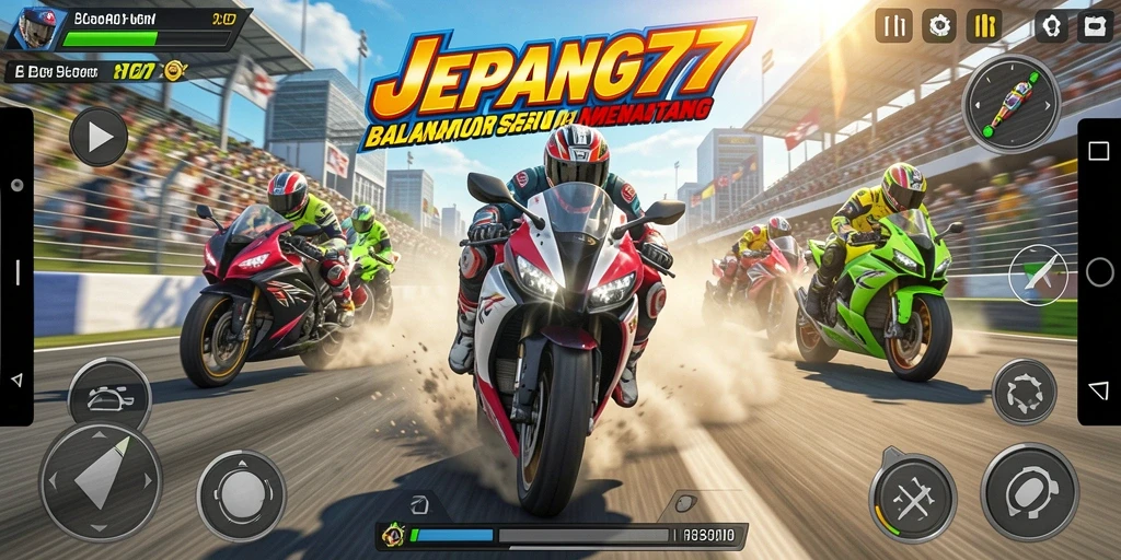 Screenshot utama JEPANG77 menampilkan balapan motor yang seru.