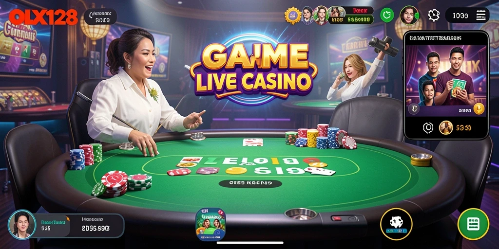 Screenshot utama OLX128 menampilkan dealer yang memandu permainan Live Casino.