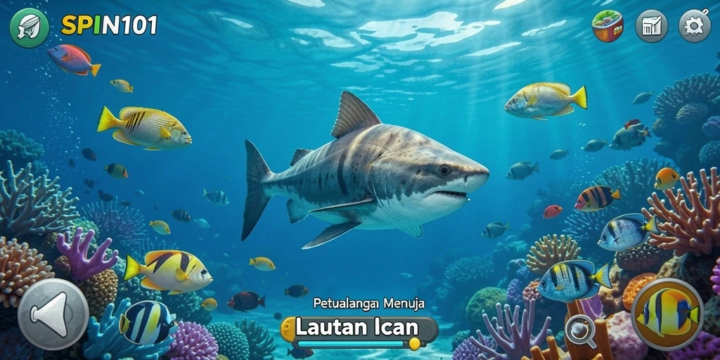 Tampilan gameplay seru dengan aksi menembak ikan yang mendebarkan.